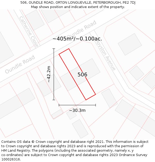 506, OUNDLE ROAD, ORTON LONGUEVILLE, PETERBOROUGH, PE2 7DJ: Plot and title map