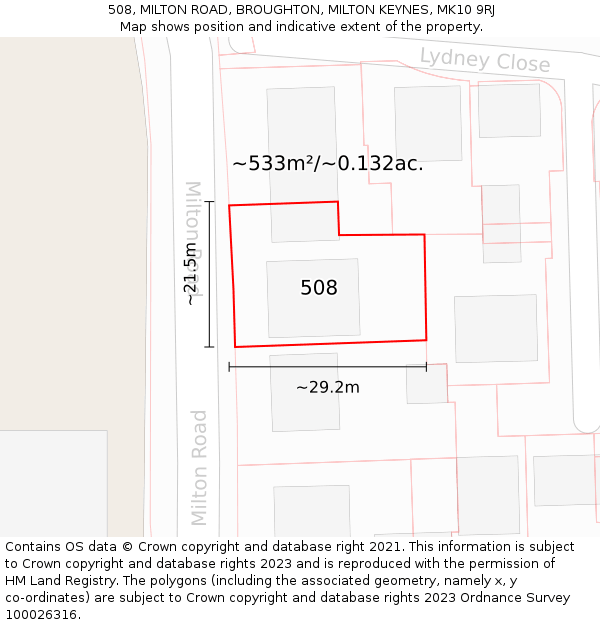 508, MILTON ROAD, BROUGHTON, MILTON KEYNES, MK10 9RJ: Plot and title map