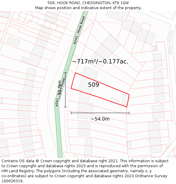 509, HOOK ROAD, CHESSINGTON, KT9 1QW: Plot and title map