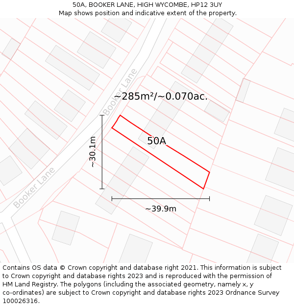 50A, BOOKER LANE, HIGH WYCOMBE, HP12 3UY: Plot and title map