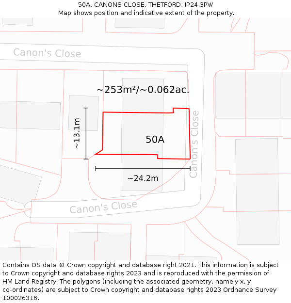 50A, CANONS CLOSE, THETFORD, IP24 3PW: Plot and title map