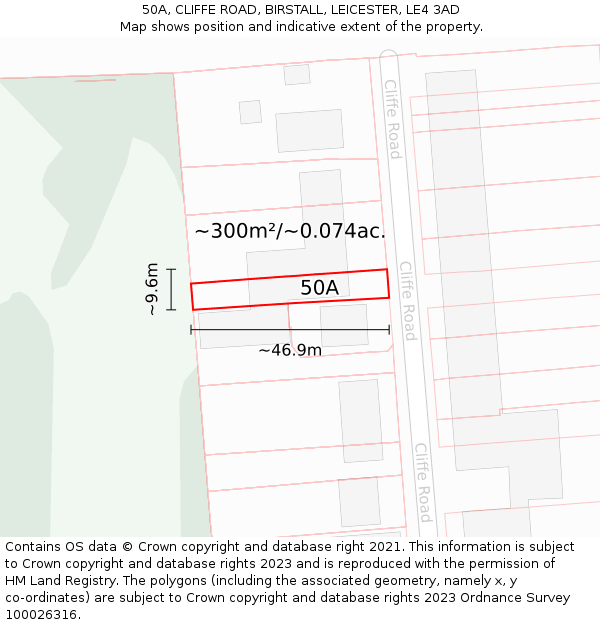 50A, CLIFFE ROAD, BIRSTALL, LEICESTER, LE4 3AD: Plot and title map
