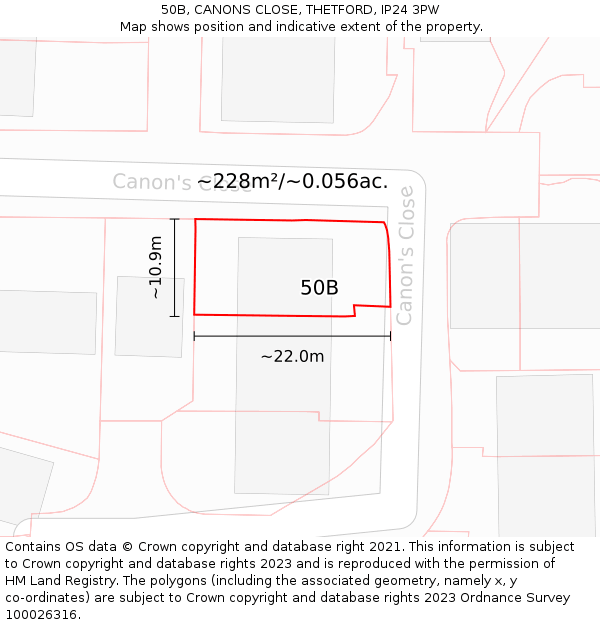 50B, CANONS CLOSE, THETFORD, IP24 3PW: Plot and title map