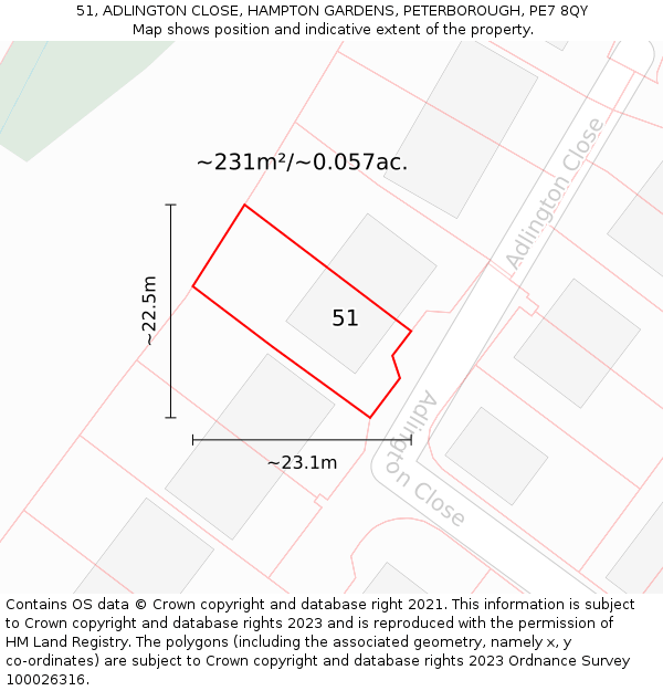 51, ADLINGTON CLOSE, HAMPTON GARDENS, PETERBOROUGH, PE7 8QY: Plot and title map