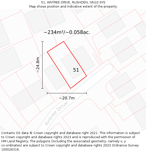 51, AINTREE DRIVE, RUSHDEN, NN10 0YS: Plot and title map