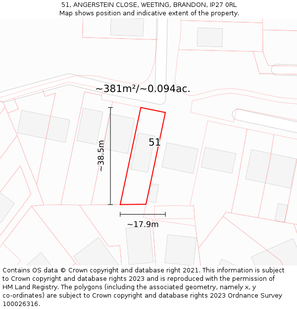 51, ANGERSTEIN CLOSE, WEETING, BRANDON, IP27 0RL: Plot and title map