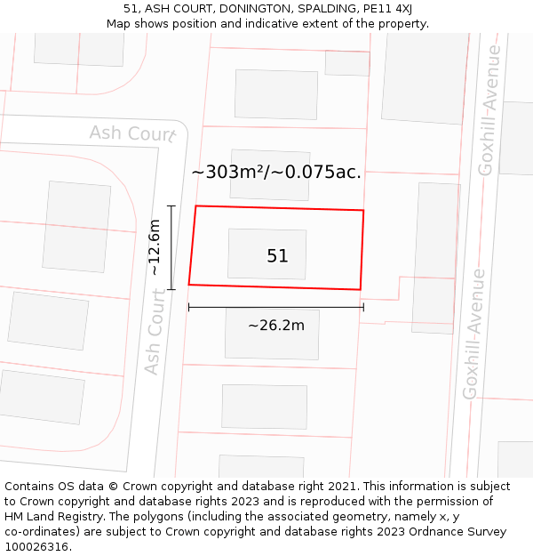 51, ASH COURT, DONINGTON, SPALDING, PE11 4XJ: Plot and title map