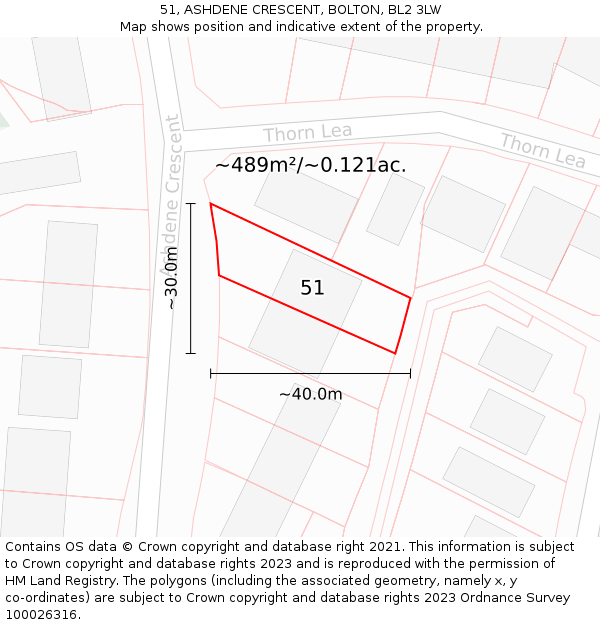51, ASHDENE CRESCENT, BOLTON, BL2 3LW: Plot and title map