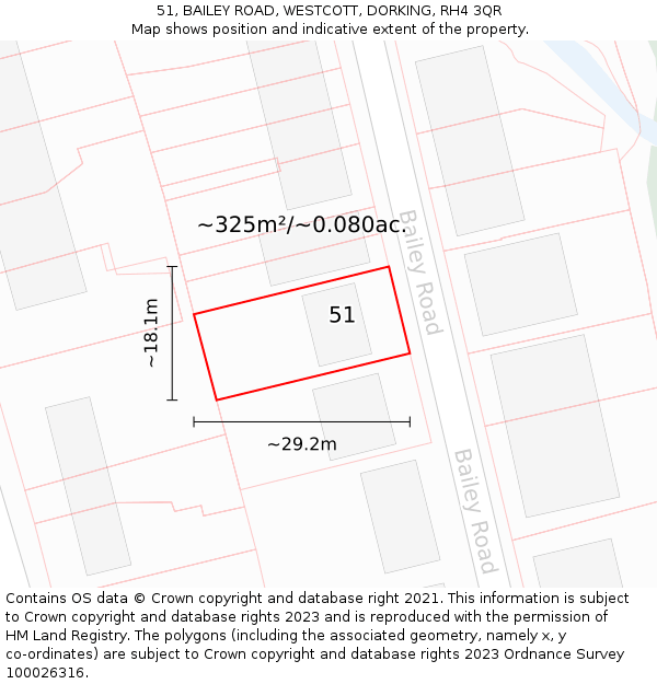51, BAILEY ROAD, WESTCOTT, DORKING, RH4 3QR: Plot and title map