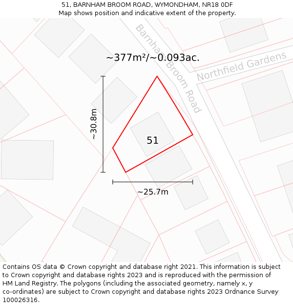 51, BARNHAM BROOM ROAD, WYMONDHAM, NR18 0DF: Plot and title map
