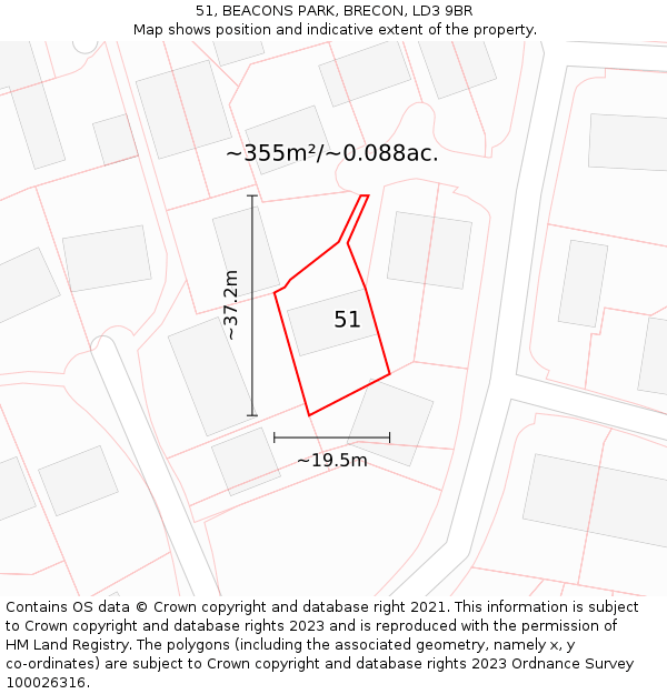 51, BEACONS PARK, BRECON, LD3 9BR: Plot and title map