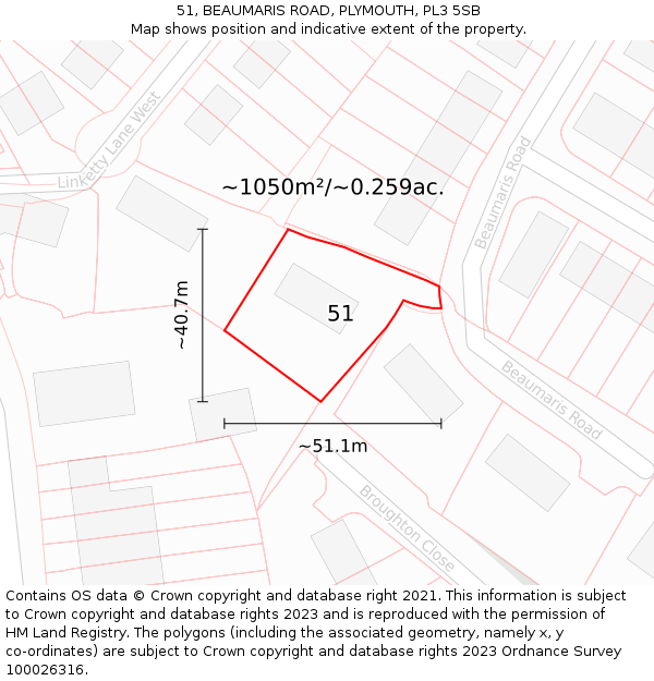51, BEAUMARIS ROAD, PLYMOUTH, PL3 5SB: Plot and title map