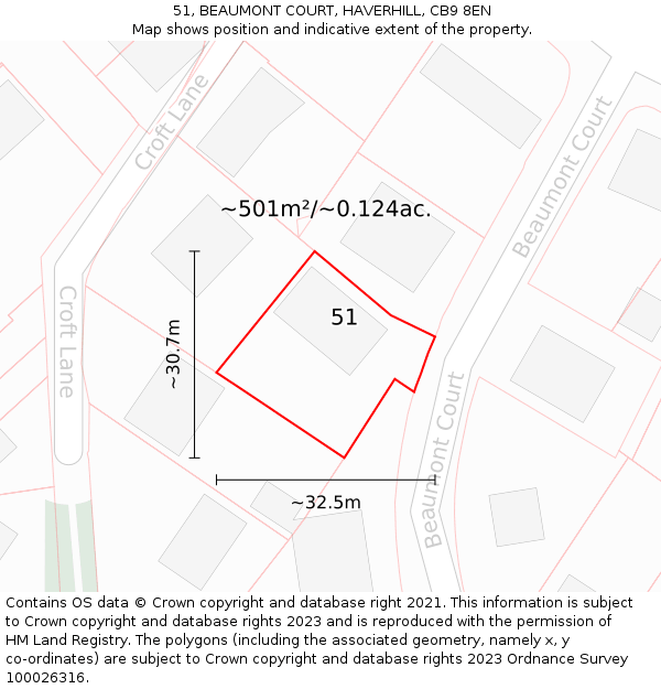 51, BEAUMONT COURT, HAVERHILL, CB9 8EN: Plot and title map