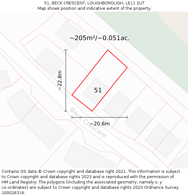 51, BECK CRESCENT, LOUGHBOROUGH, LE11 2UT: Plot and title map