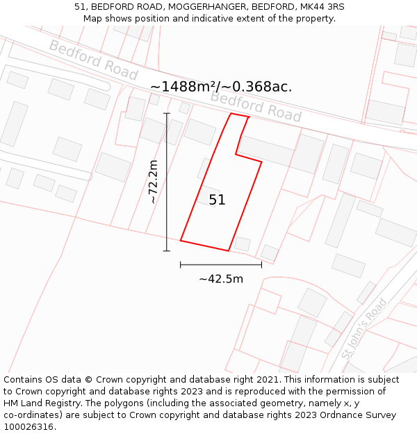 51, BEDFORD ROAD, MOGGERHANGER, BEDFORD, MK44 3RS: Plot and title map