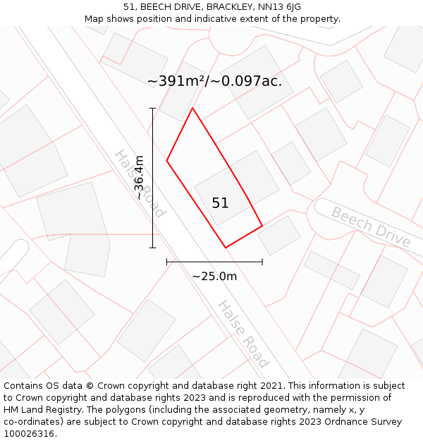 51, BEECH DRIVE, BRACKLEY, NN13 6JG: Plot and title map