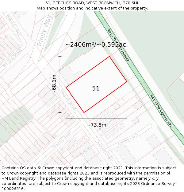 51, BEECHES ROAD, WEST BROMWICH, B70 6HL: Plot and title map