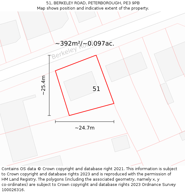 51, BERKELEY ROAD, PETERBOROUGH, PE3 9PB: Plot and title map