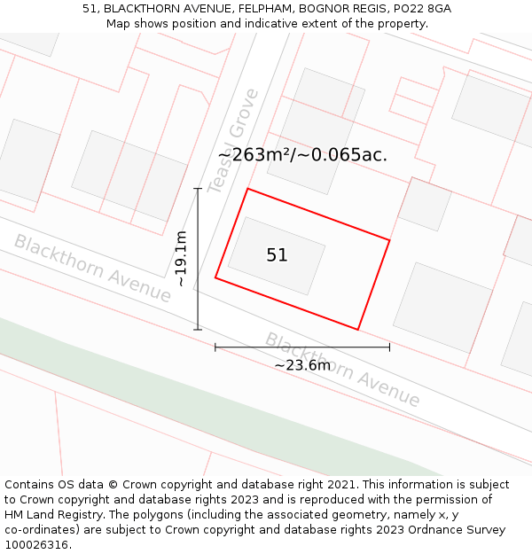 51, BLACKTHORN AVENUE, FELPHAM, BOGNOR REGIS, PO22 8GA: Plot and title map