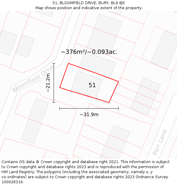 51, BLOOMFIELD DRIVE, BURY, BL9 8JX: Plot and title map