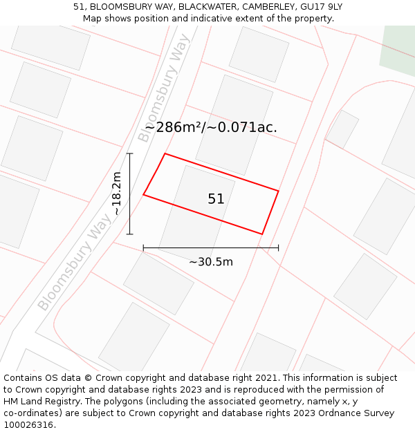 51, BLOOMSBURY WAY, BLACKWATER, CAMBERLEY, GU17 9LY: Plot and title map