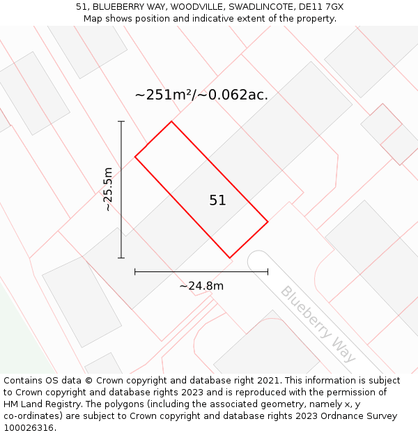51, BLUEBERRY WAY, WOODVILLE, SWADLINCOTE, DE11 7GX: Plot and title map
