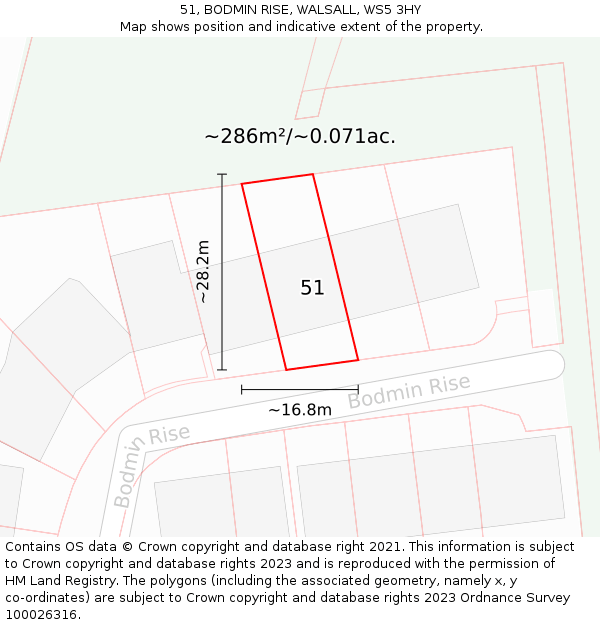51, BODMIN RISE, WALSALL, WS5 3HY: Plot and title map