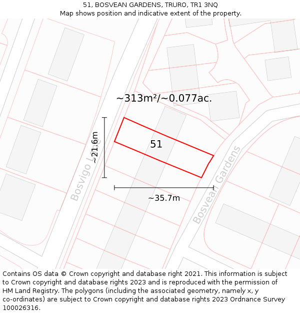 51, BOSVEAN GARDENS, TRURO, TR1 3NQ: Plot and title map