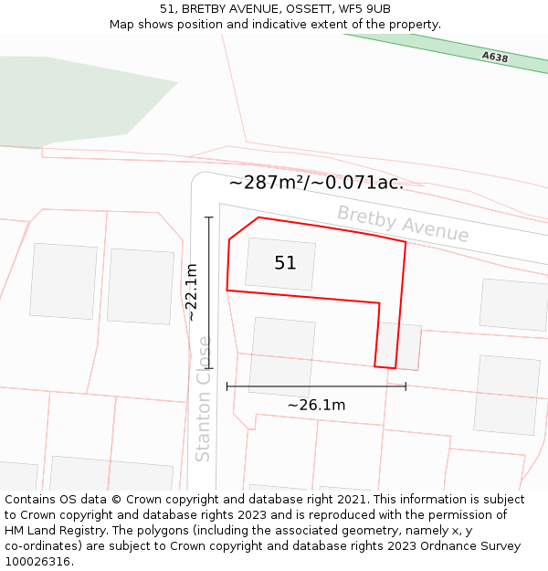 51, BRETBY AVENUE, OSSETT, WF5 9UB: Plot and title map