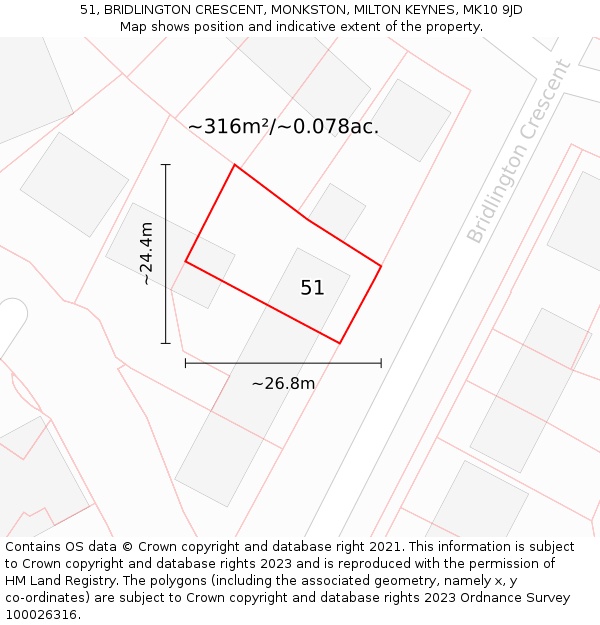 51, BRIDLINGTON CRESCENT, MONKSTON, MILTON KEYNES, MK10 9JD: Plot and title map