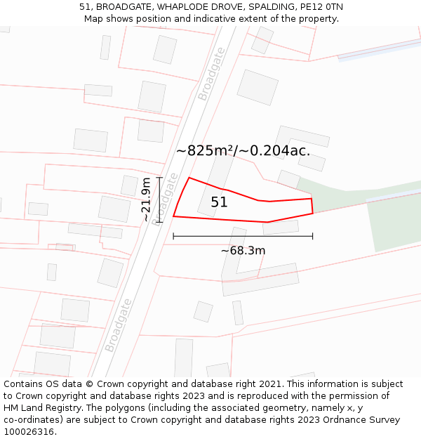 51, BROADGATE, WHAPLODE DROVE, SPALDING, PE12 0TN: Plot and title map