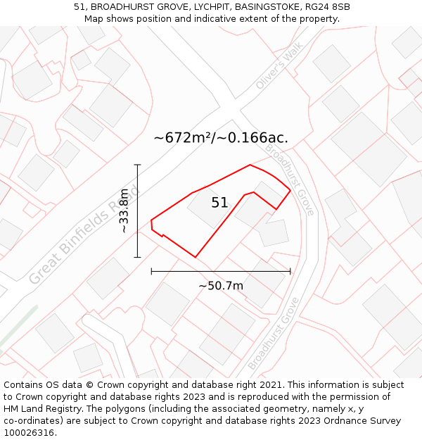 51, BROADHURST GROVE, LYCHPIT, BASINGSTOKE, RG24 8SB: Plot and title map
