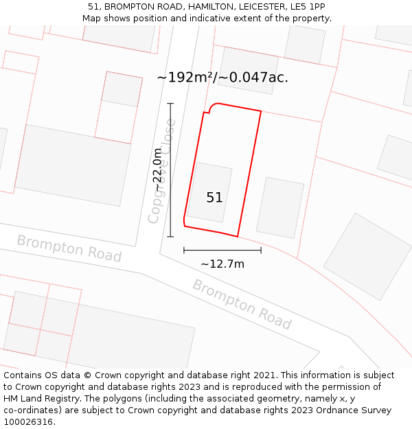 51, BROMPTON ROAD, HAMILTON, LEICESTER, LE5 1PP: Plot and title map
