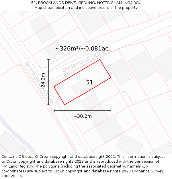 51, BROOKLANDS DRIVE, GEDLING, NOTTINGHAM, NG4 3GU: Plot and title map