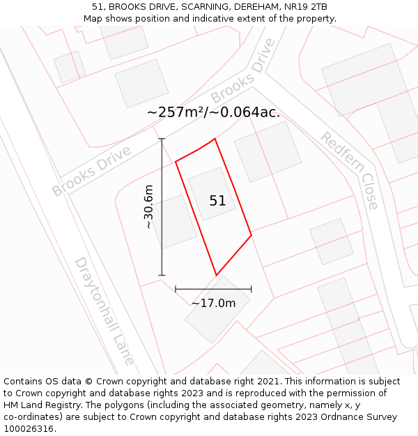 51, BROOKS DRIVE, SCARNING, DEREHAM, NR19 2TB: Plot and title map