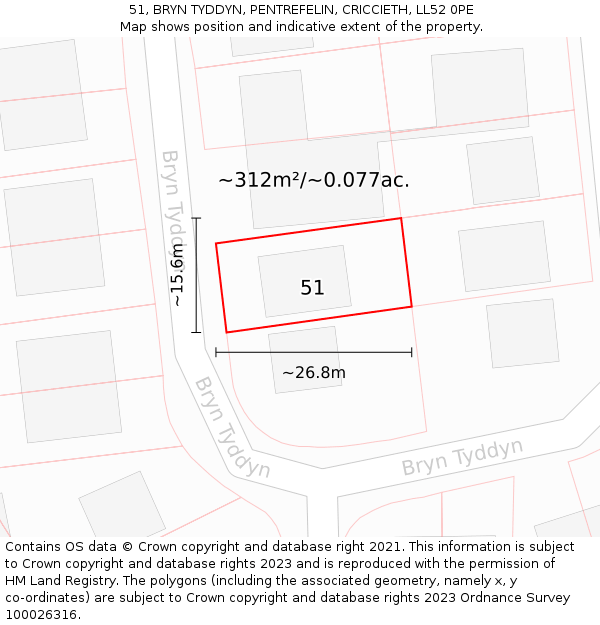 51, BRYN TYDDYN, PENTREFELIN, CRICCIETH, LL52 0PE: Plot and title map