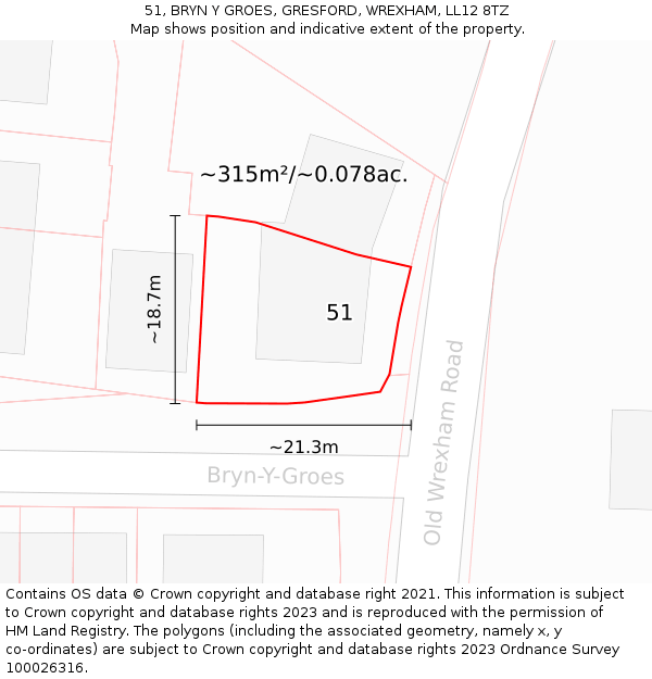51, BRYN Y GROES, GRESFORD, WREXHAM, LL12 8TZ: Plot and title map