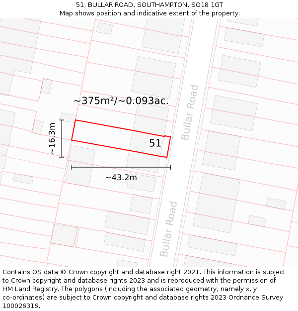 51, BULLAR ROAD, SOUTHAMPTON, SO18 1GT: Plot and title map