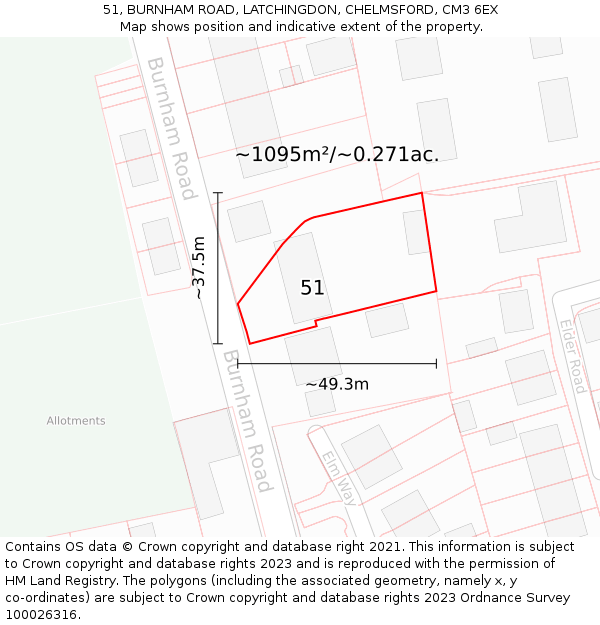 51, BURNHAM ROAD, LATCHINGDON, CHELMSFORD, CM3 6EX: Plot and title map