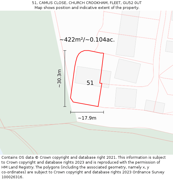 51, CAMUS CLOSE, CHURCH CROOKHAM, FLEET, GU52 0UT: Plot and title map