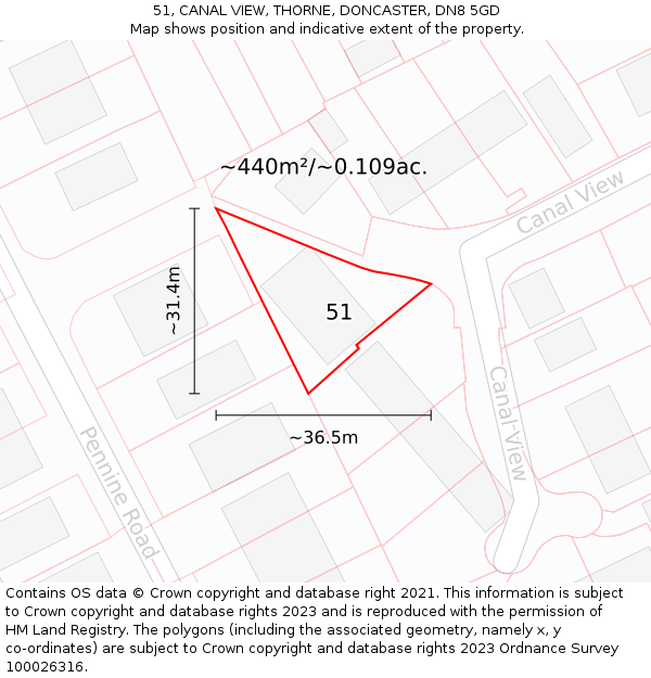 51, CANAL VIEW, THORNE, DONCASTER, DN8 5GD: Plot and title map