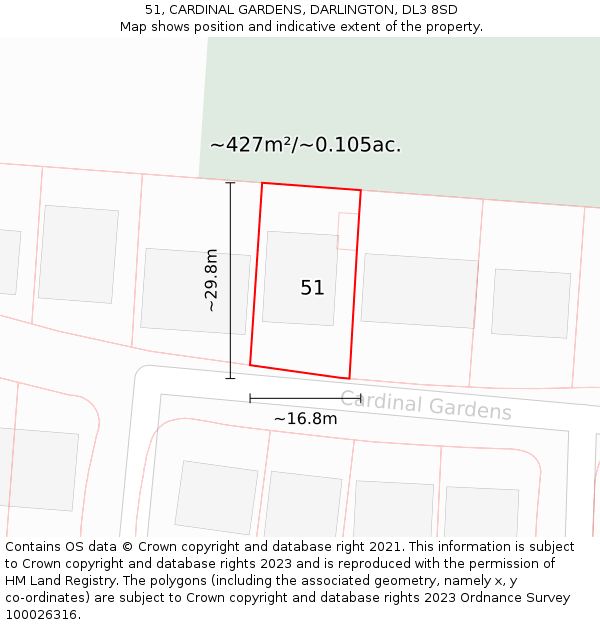51, CARDINAL GARDENS, DARLINGTON, DL3 8SD: Plot and title map