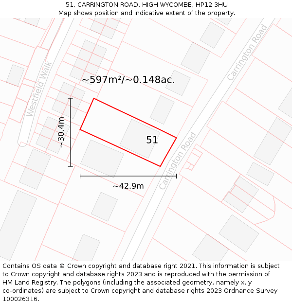 51, CARRINGTON ROAD, HIGH WYCOMBE, HP12 3HU: Plot and title map