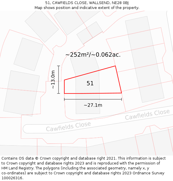51, CAWFIELDS CLOSE, WALLSEND, NE28 0BJ: Plot and title map