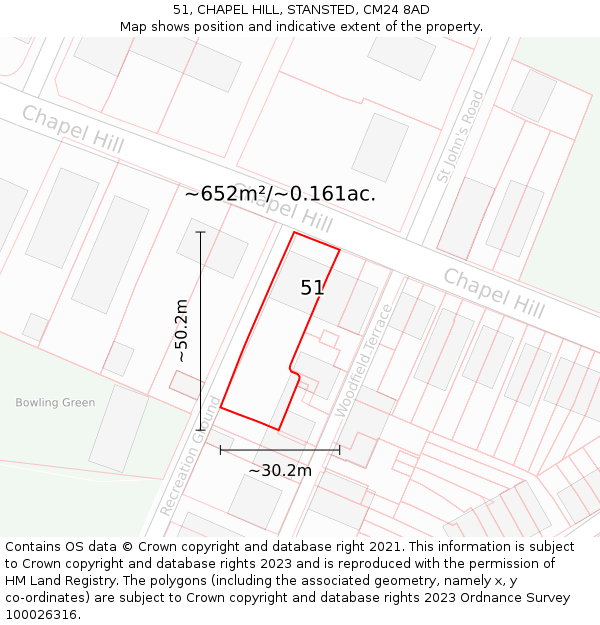 51, CHAPEL HILL, STANSTED, CM24 8AD: Plot and title map