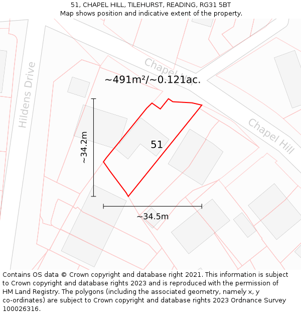 51, CHAPEL HILL, TILEHURST, READING, RG31 5BT: Plot and title map