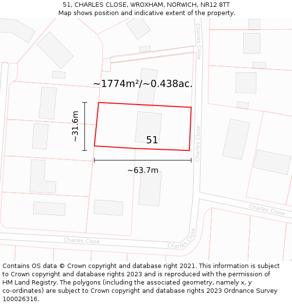 51, CHARLES CLOSE, WROXHAM, NORWICH, NR12 8TT: Plot and title map