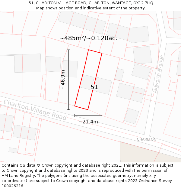 51, CHARLTON VILLAGE ROAD, CHARLTON, WANTAGE, OX12 7HQ: Plot and title map