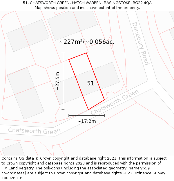 51, CHATSWORTH GREEN, HATCH WARREN, BASINGSTOKE, RG22 4QA: Plot and title map