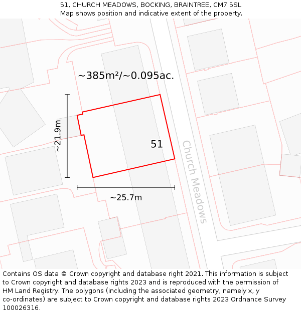 51, CHURCH MEADOWS, BOCKING, BRAINTREE, CM7 5SL: Plot and title map